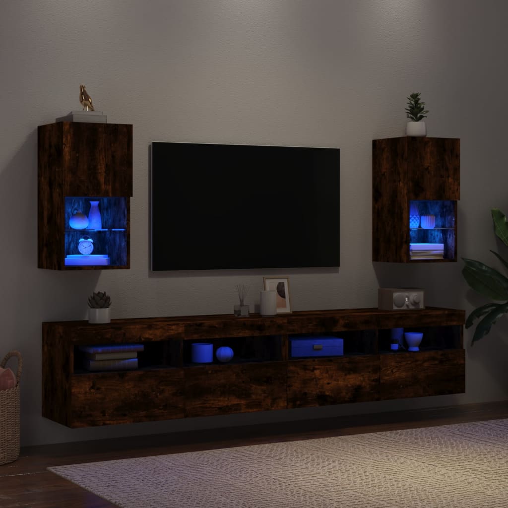 vidaXL ТВ шкафове с LED осветление, 2 бр, опушен дъб, 30,5x30x60 см