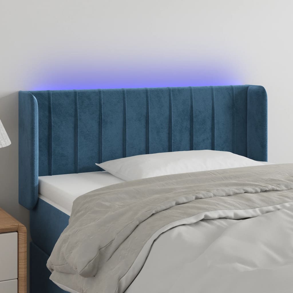 vidaXL LED горна табла за легло, тъмносиня,93x16x78/88 см, кадифе