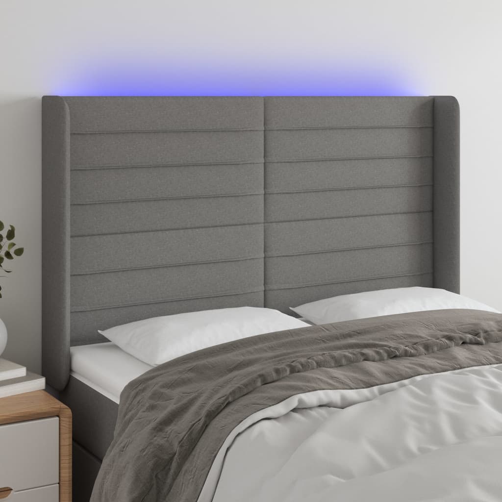 vidaXL LED горна табла за легло, тъмносива, 147x16x118/128 см, плат