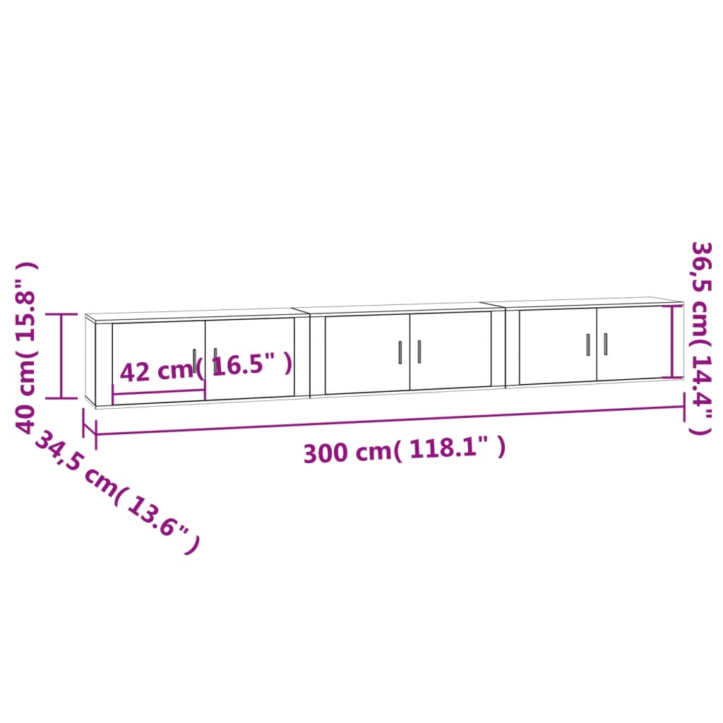 vidaXL ТВ шкафове със стенен монтаж, 3 бр, опушен дъб, 100x34,5x40 см