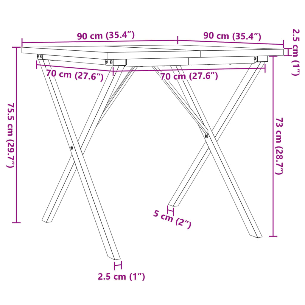 vidaXL Трапезна маса X-образна рамка 90x90x75,5 см бор масив и чугун