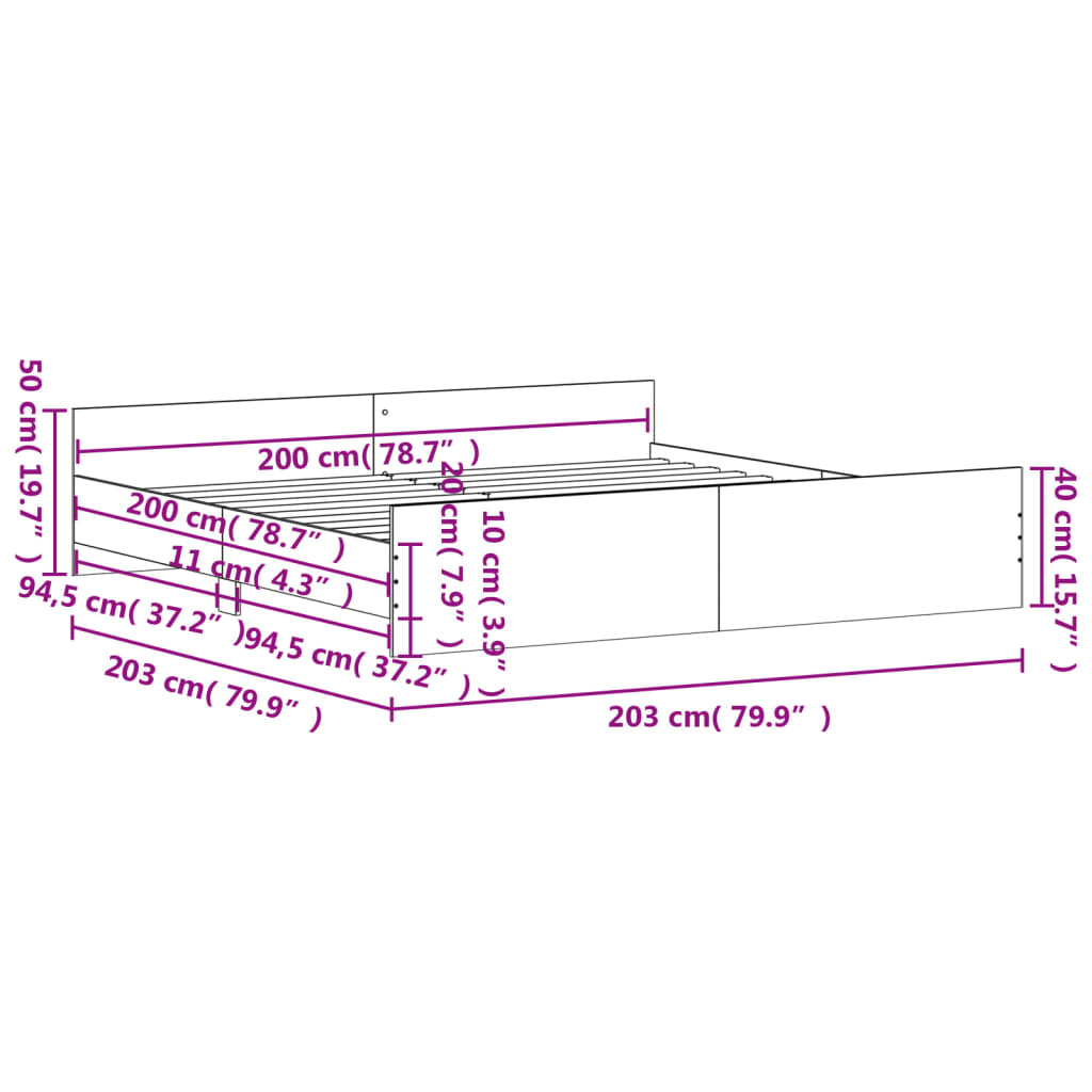 vidaXL Рамка за легло с горна и долна табла, опушен дъб, 200x200 см