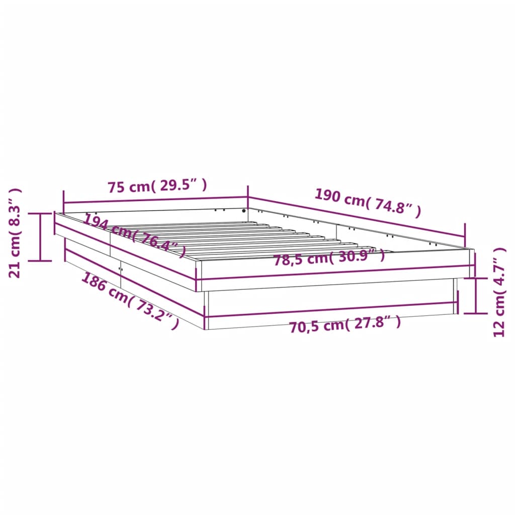 vidaXL LED рамка за легло бяло 75x190 см Small Single дърво масив