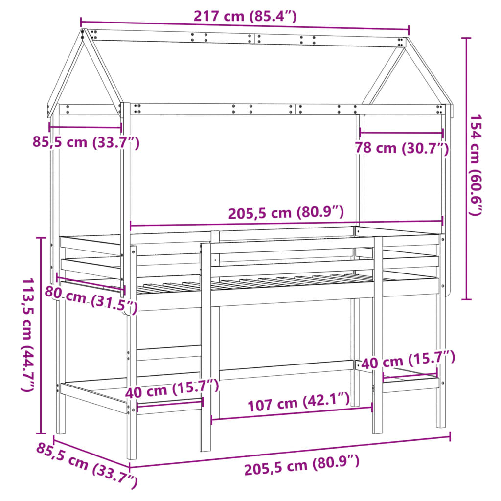 vidaXL Таванско легло със стълба и покрив, бяло, 80x200 см, бор масив