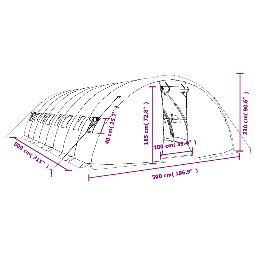 vidaXL Оранжерия със стоманена рамка бяла 40 м² 8x5x2,3 м