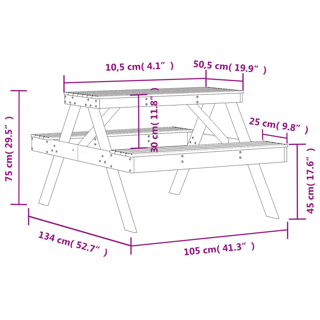 vidaXL Маса за пикник 105x134x75 см дугласко дърво масив