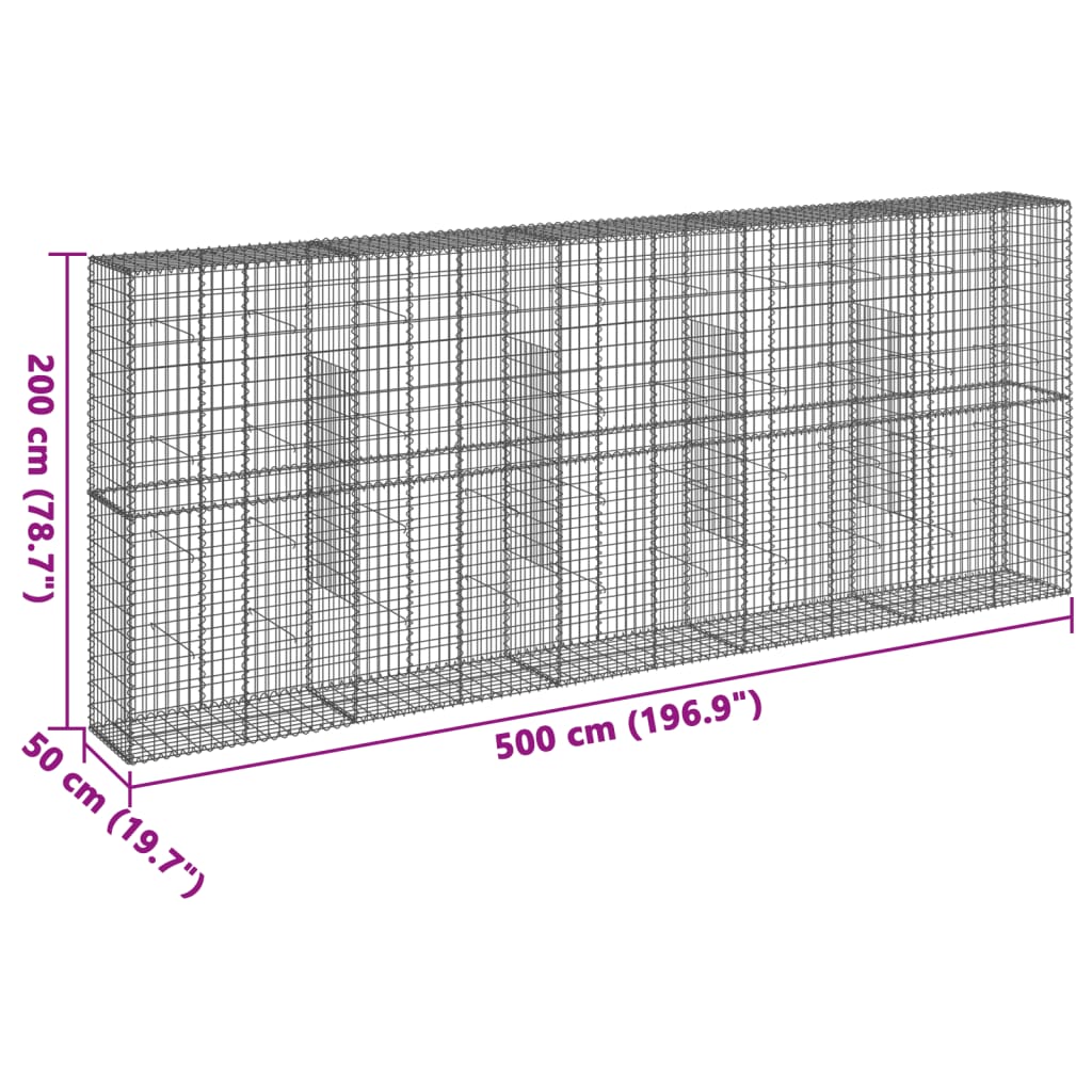 vidaXL Габионна кошница с покритие, 500x50x200 см, поцинковано желязо