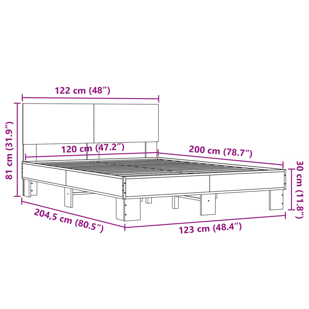 vidaXL Рамка за легло, кафяв дъб, 120x200 см, инженерно дърво и метал