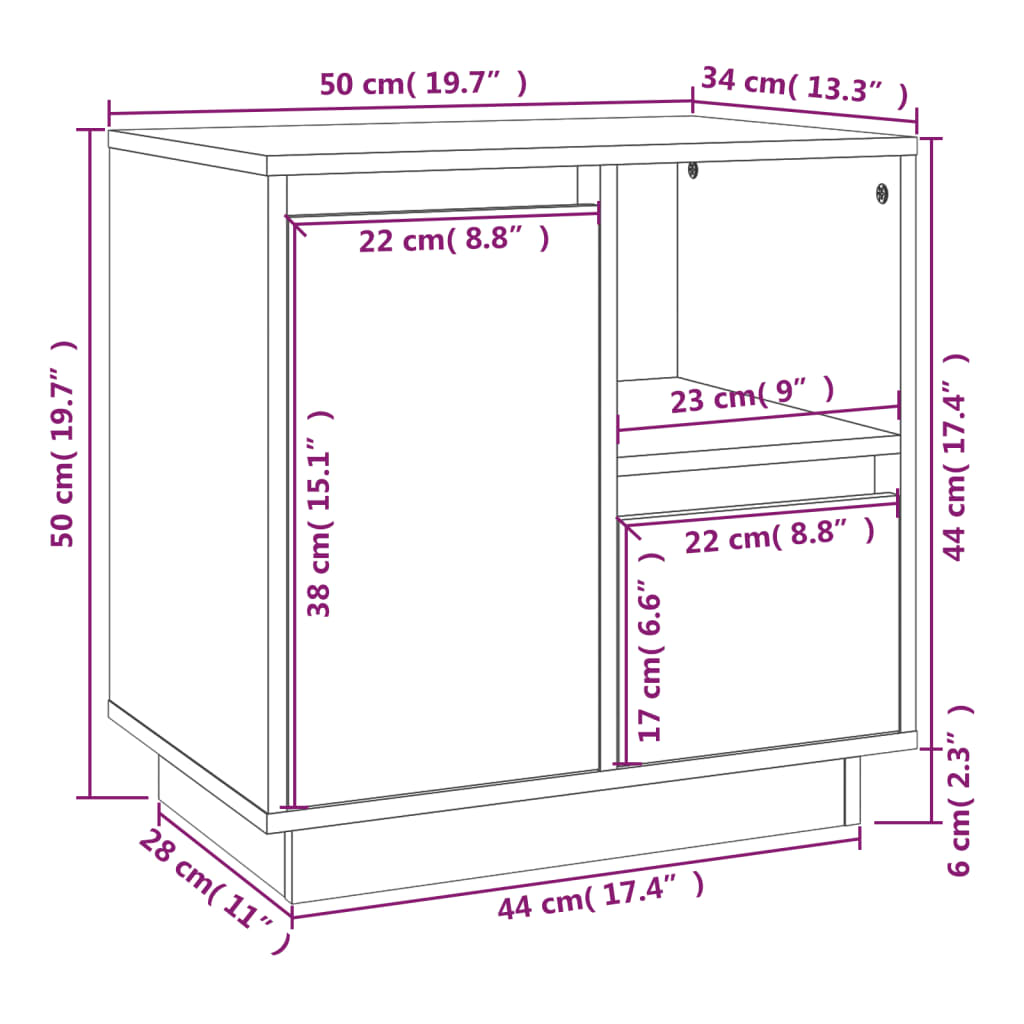 vidaXL Нощно шкафче, бяло, 50x34x50 см, борово дърво масив