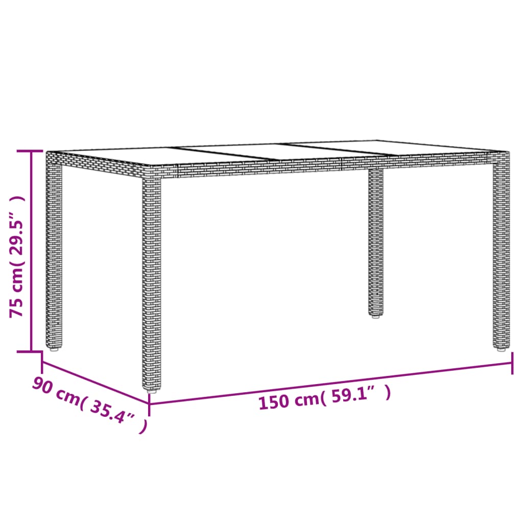 vidaXL Градинска маса със стъклен плот сива 150x90x75 см полиратан