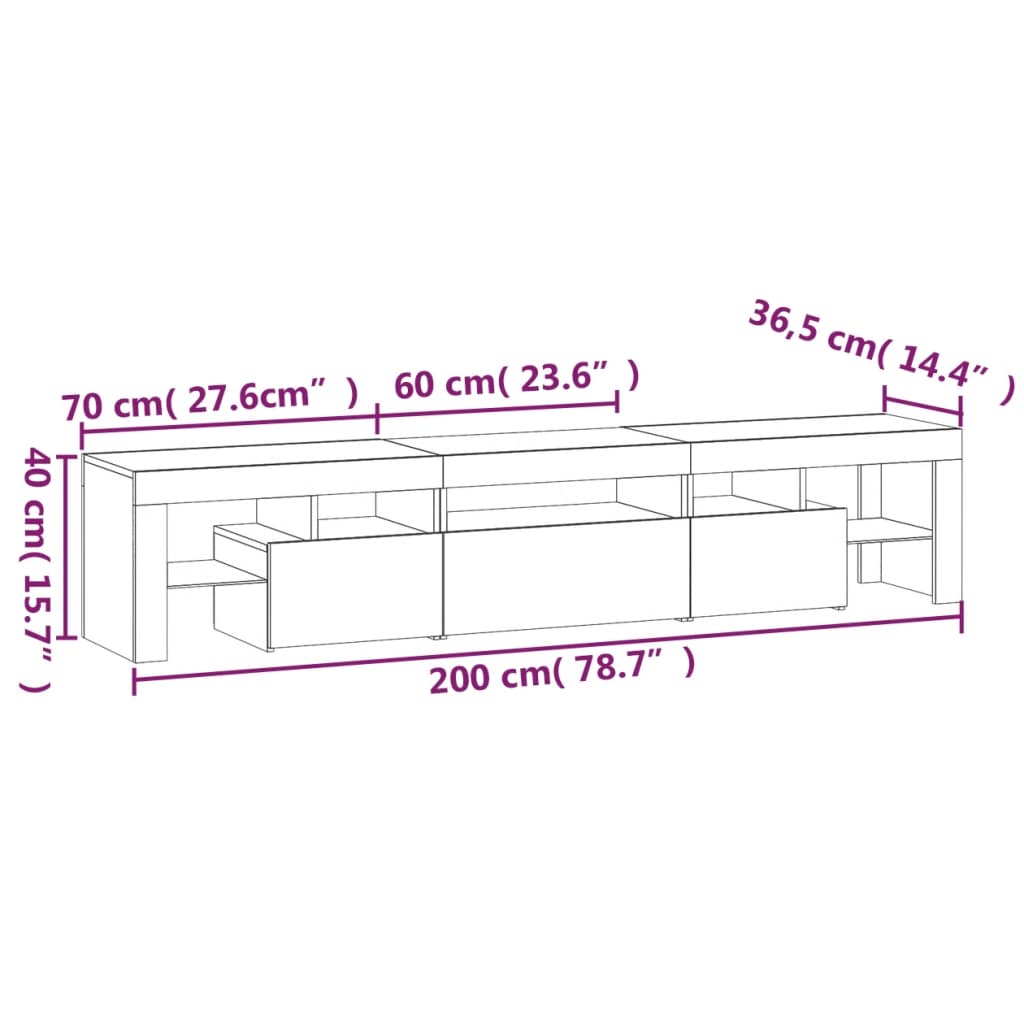 vidaXL ТВ шкаф с LED осветление, бял гланц, 200x36,5x40 см