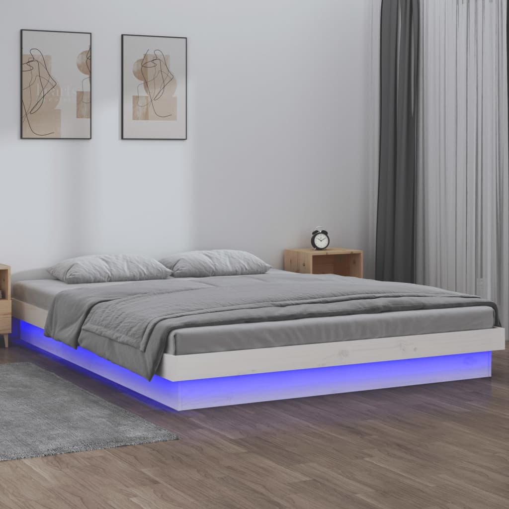 vidaXL LED рамка за легло бяло 135x190 см Double масивно дърво