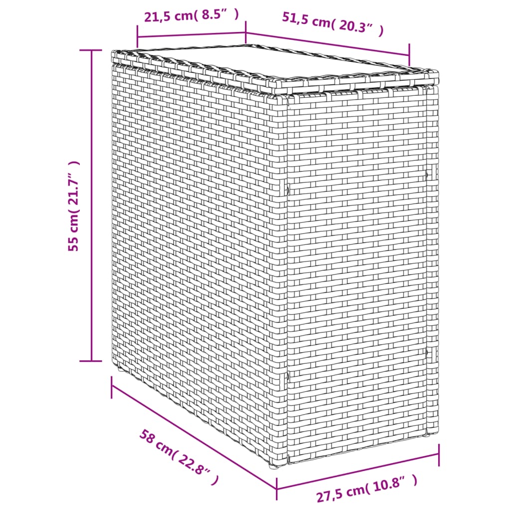 vidaXL Градинска маса със стъклен плот сива 58x27,5x55 см полиратан