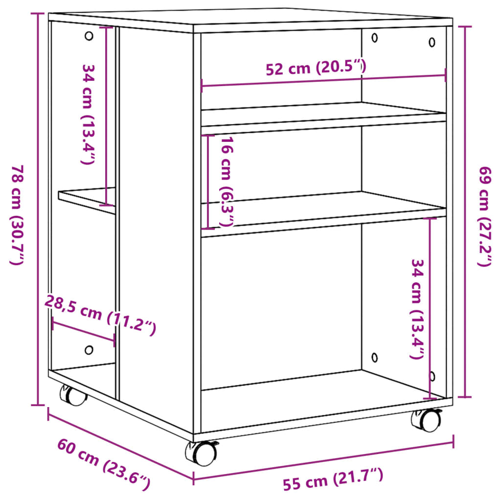 vidaXL Странична маса с колела бетонно сив 55x60x78 см инженерно дърво