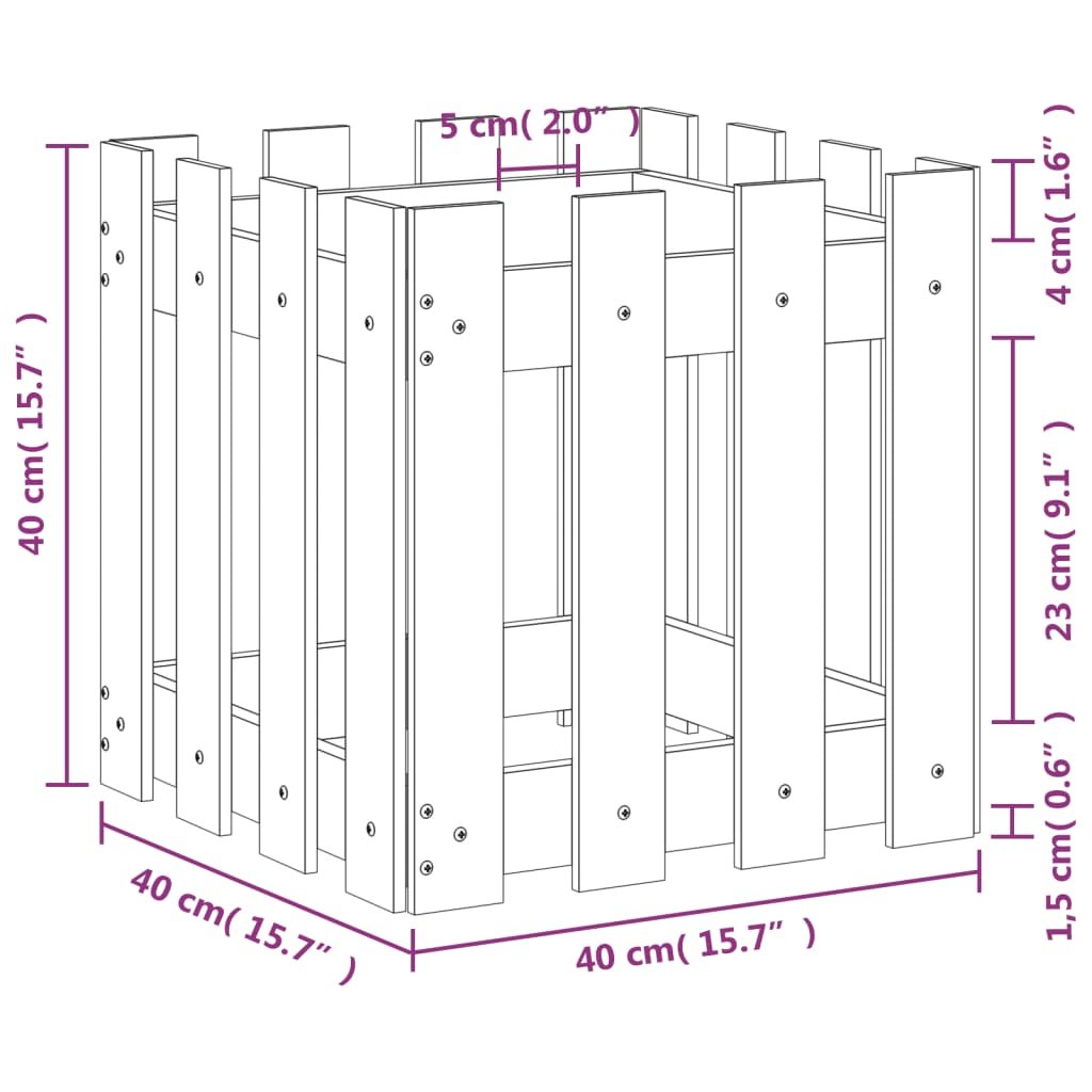 vidaXL Градинска кашпа с дизайн на ограда 40x40x40 см бор масив