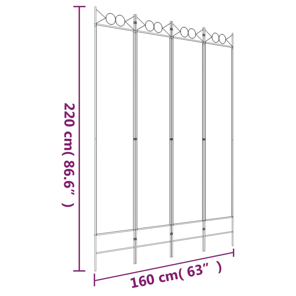 vidaXL Параван за стая, 4 панела, бял, 160x220 см, текстил