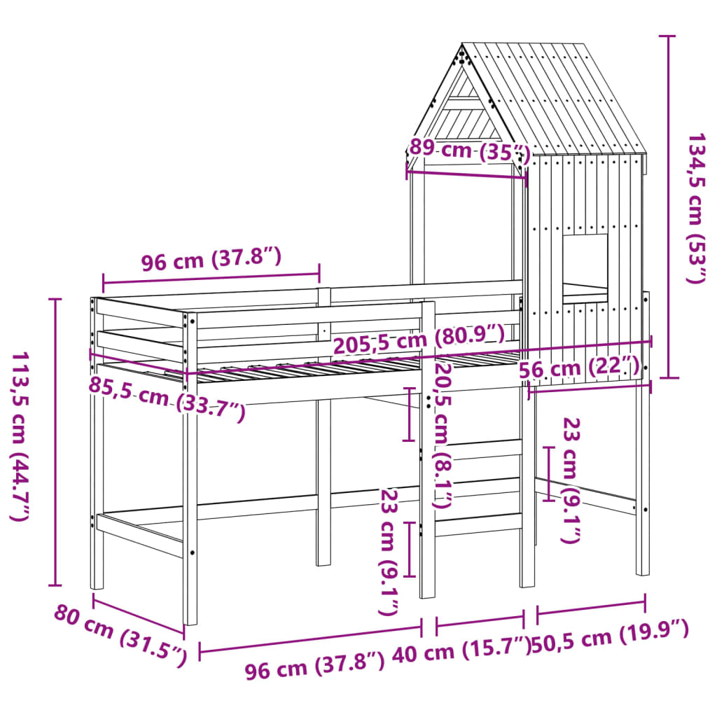 vidaXL Таванско легло със стълба и покрив, бяло, 80x200 см, бор масив