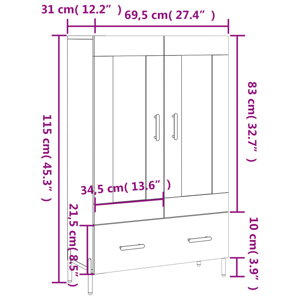 vidaXL Висок шкаф, кафяв дъб, 69,5x31x115 см, инженерно дърво