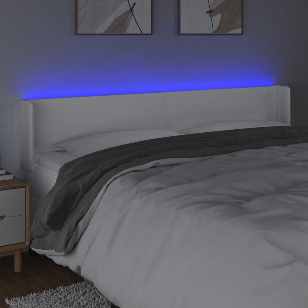 vidaXL LED горна табла за легло, бяла, 183x16x78/88см, изкуствена кожа