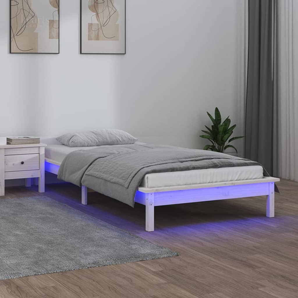 vidaXL LED рамка за легло бяла 90x190 см Single масивна дървесина