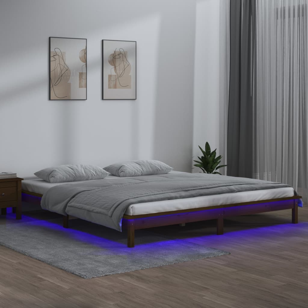 vidaXL Рамка за легло с LED меденокафява 140x200 см масивно дърво