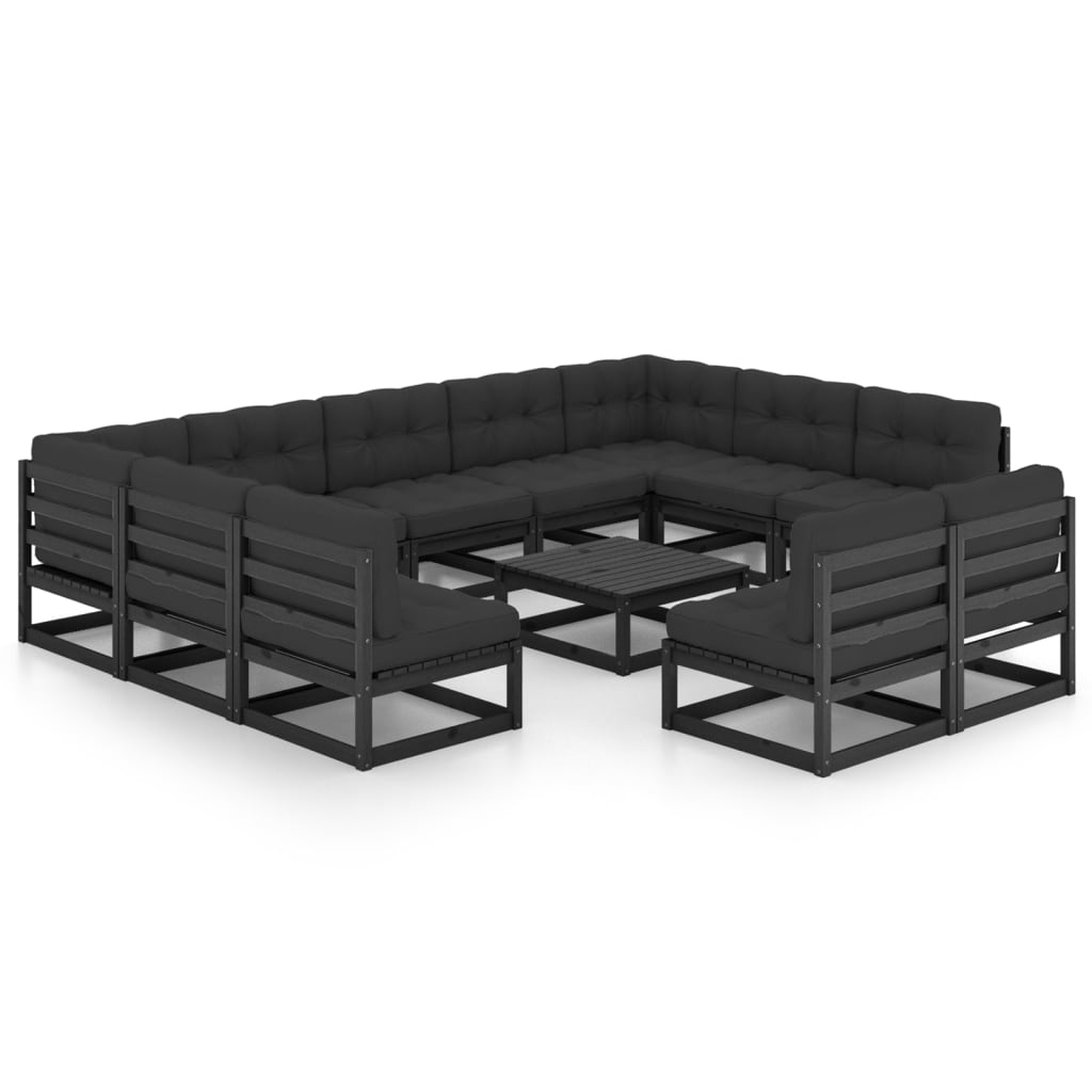 vidaXL Градински комплект от 12 части, с възглавници, черен, бор масив