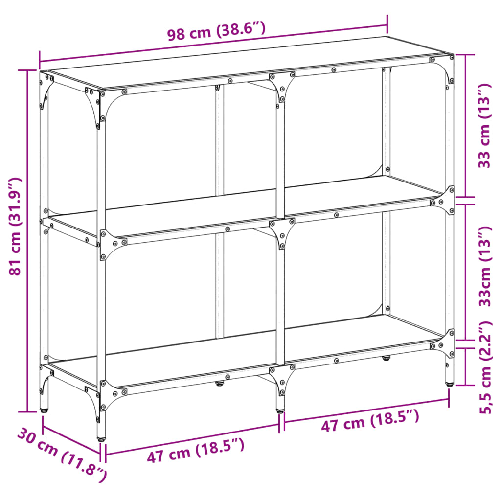 vidaXL Конзолна маса с прозрачен стъклен плот 98x30x81 см стомана