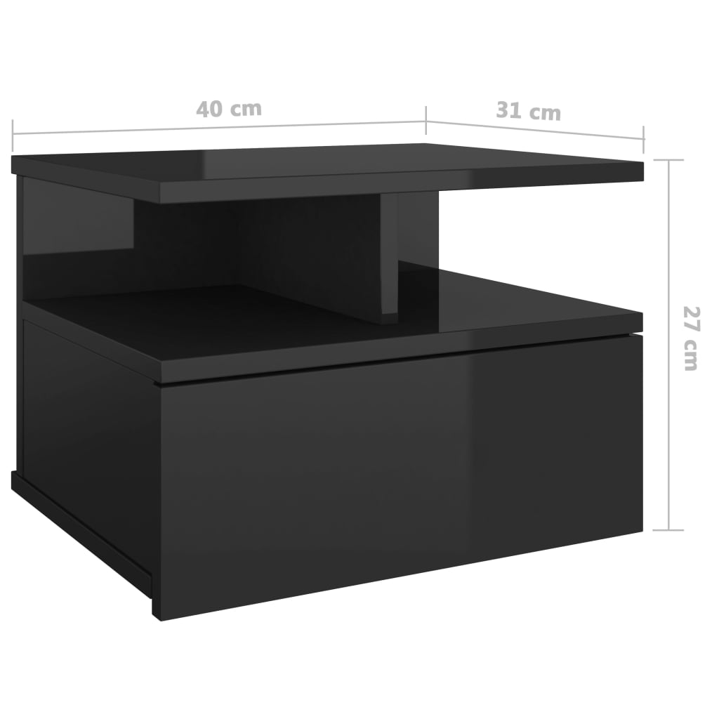 vidaXL Нощно шкафче за стена, черен силен гланц, 40x31x27 см