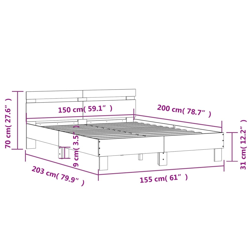 vidaXL Рамка за легло с табла и LED, дъб сонома, 150x200 см