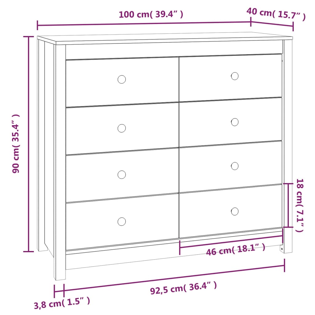 vidaXL Страничен шкаф, меденокафяв, 100x40x90 см, борово дърво масив