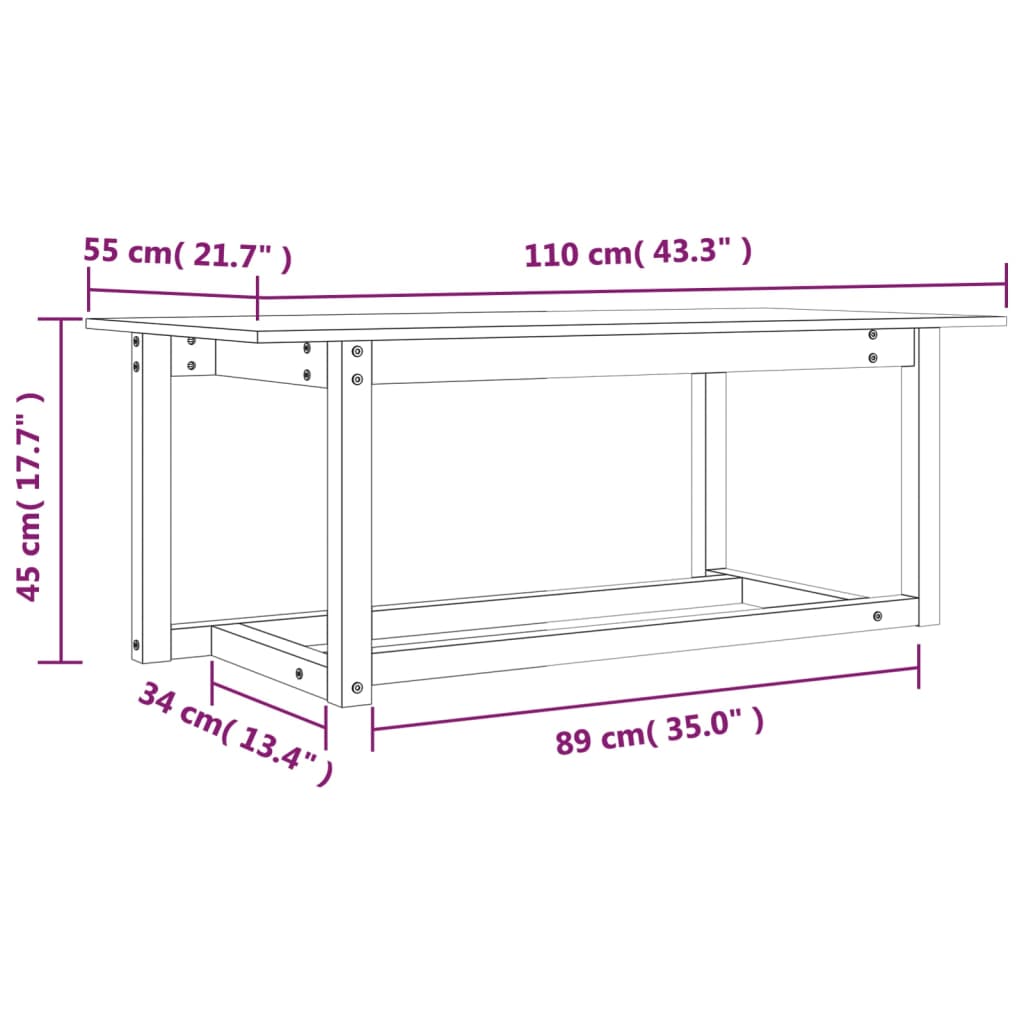 vidaXL Кафе маса, сива, 110x55x45 см, борово дърво масив