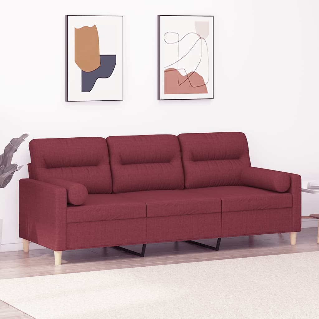 vidaXL 3-местен диван декоративни възглавници виненочервен 180 см плат