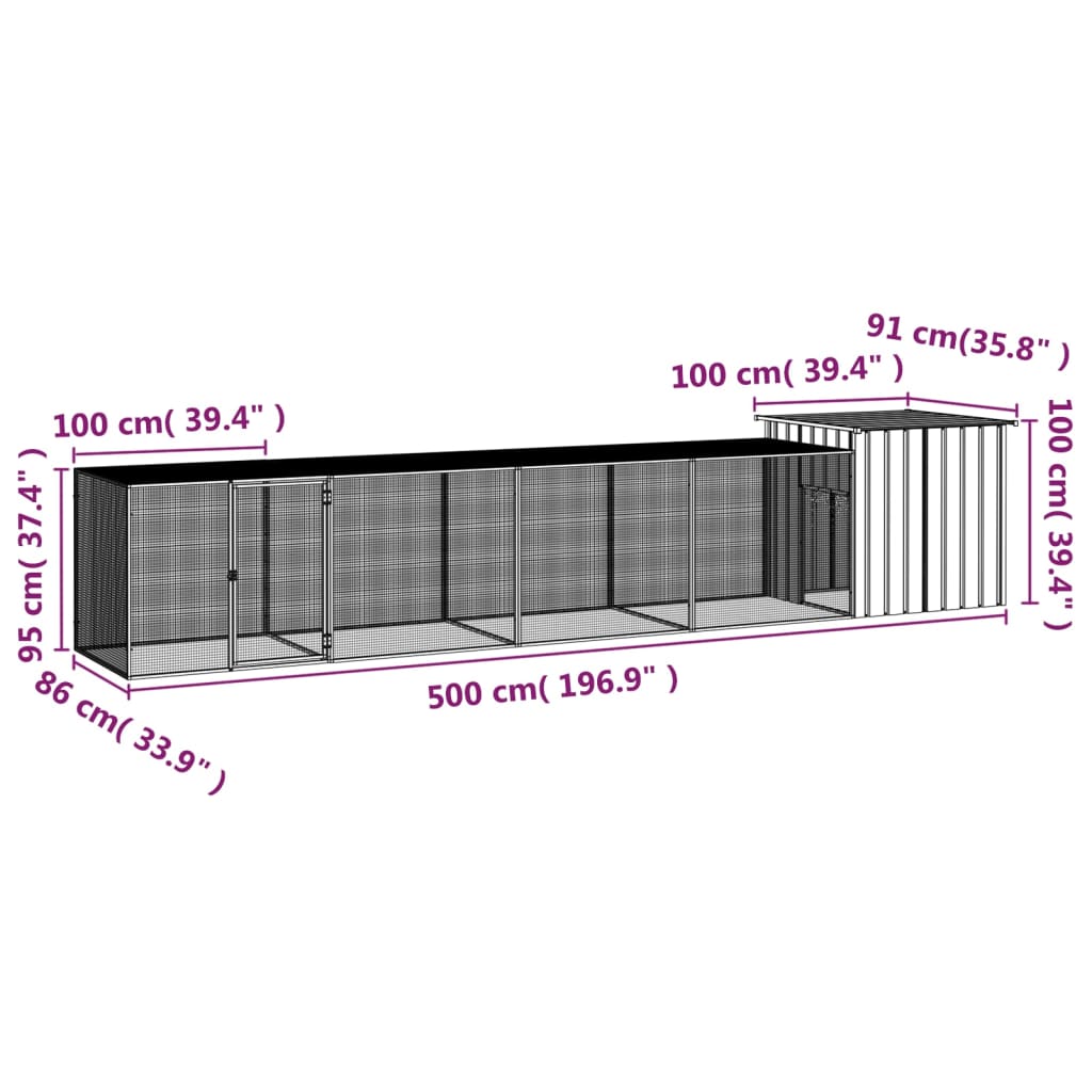 vidaXL Клетка за пилета сива 500x91x100 см поцинкована стомана