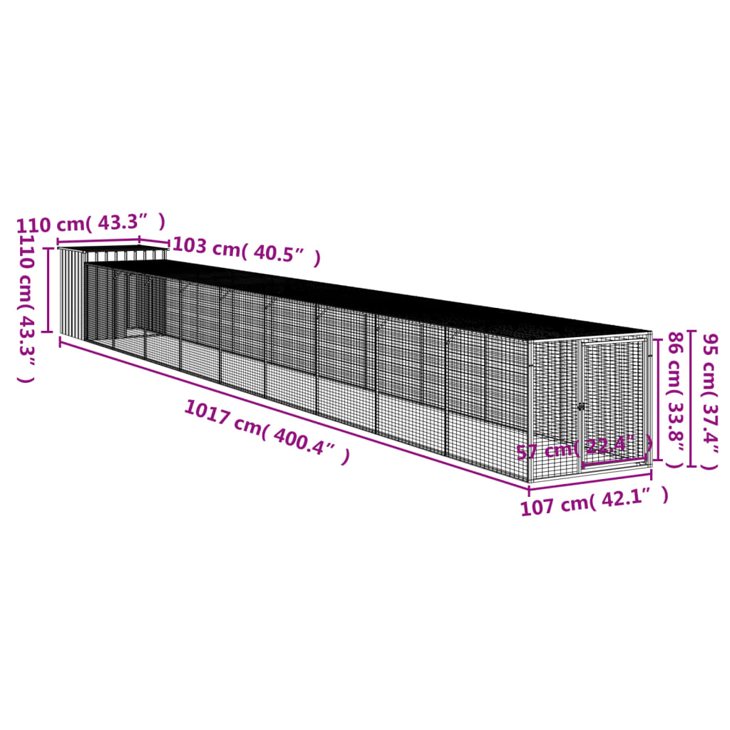 vidaXL Клетка за пилета с волиера 110x1017x110 см поцинкована стомана