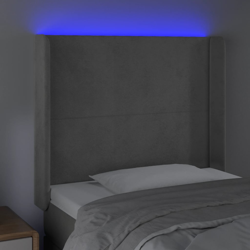 vidaXL LED горна табла за легло, светлосива, 93x16x118/128 см, кадифе
