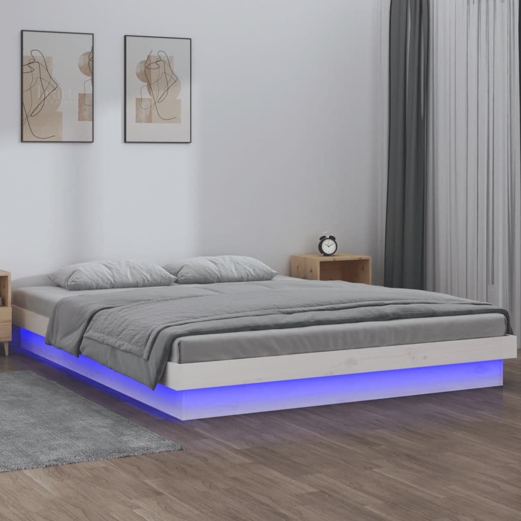 vidaXL LED рамка за легло бяло 150x200 см King Size масивно дърво