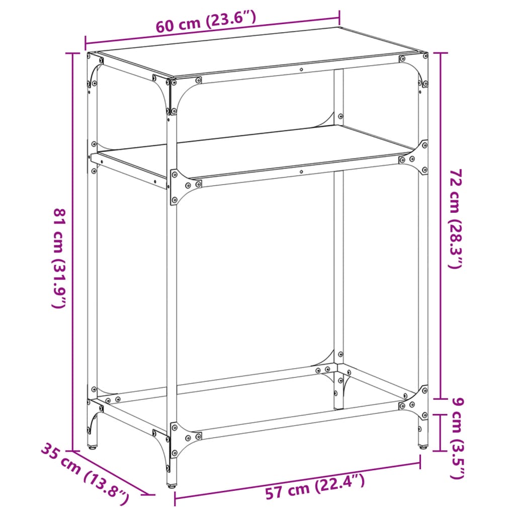 vidaXL Конзолна маса с прозрачен стъклен плот 60x35x81 см стомана