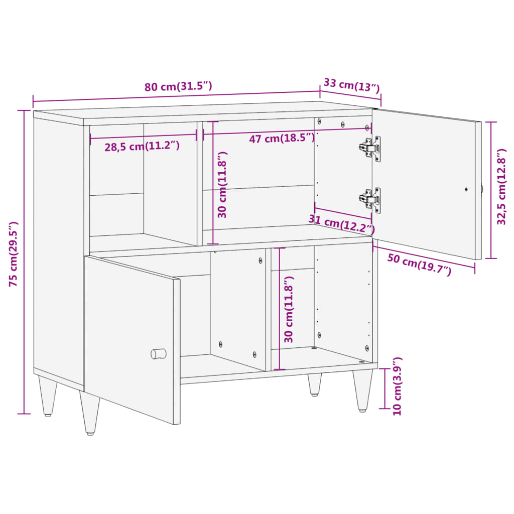 vidaXL Страничен шкаф 80x33x75 см манго масивно дърво