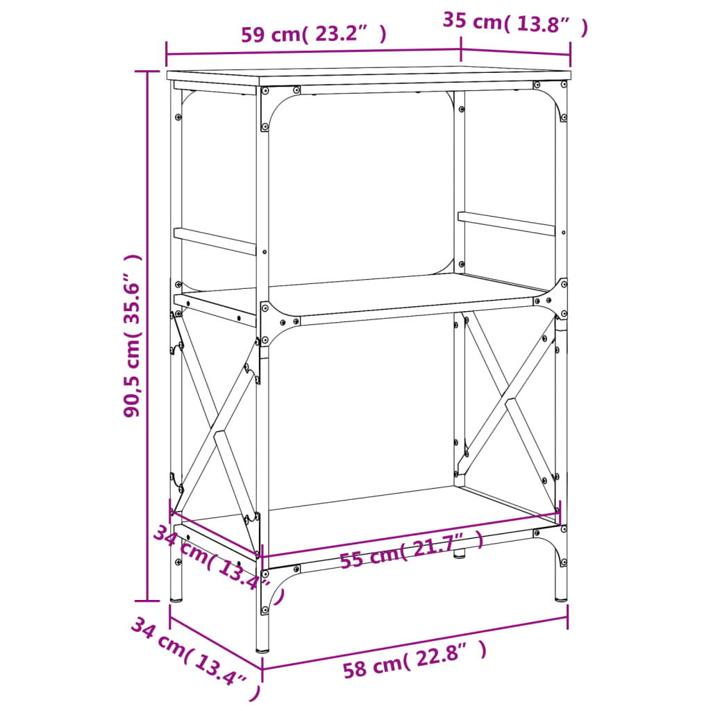 vidaXL Библиотека 3 рафта сив сонома 59x35x90,5 см инженерно дърво