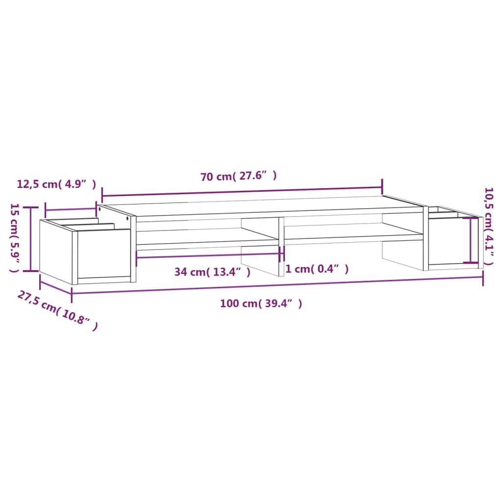 vidaXL Поставка за монитор, сива, 100x27,5x15 см, бор масив