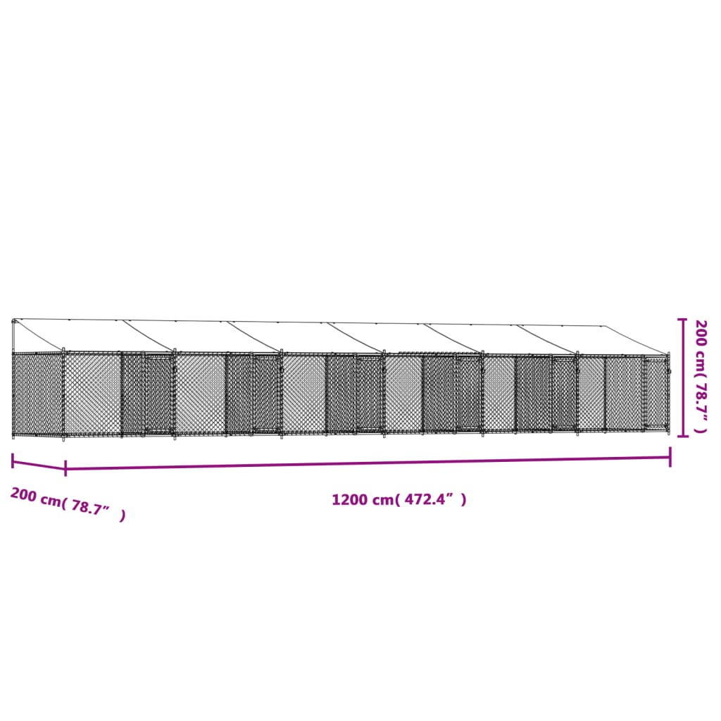 vidaXL Кучешка клетка с покрив и врата сив 12x2x2м поцинкована стомана