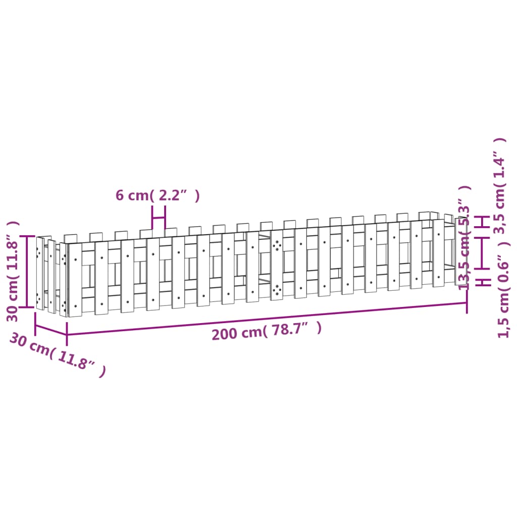 vidaXL Градинска леха с дизайн на ограда бяла 200x30x30 см бор масив