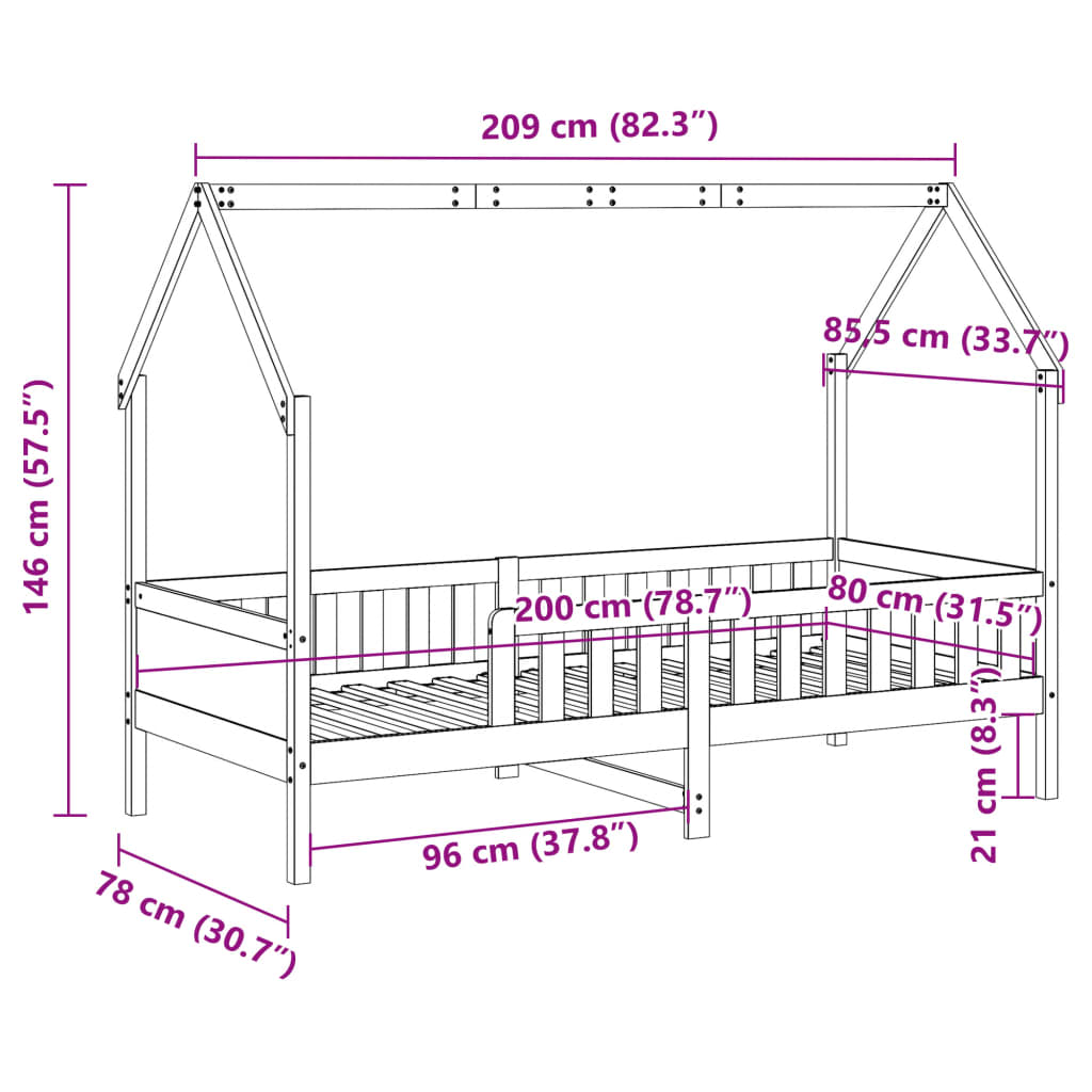 vidaXL Рамка за детско легло тип къща, бял, 80x200 см, бор масив