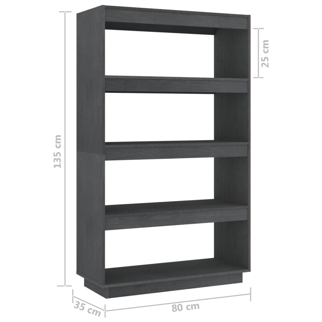 vidaXL Библиотека/разделител за стая, сива, 80x35x135 см, бор масив