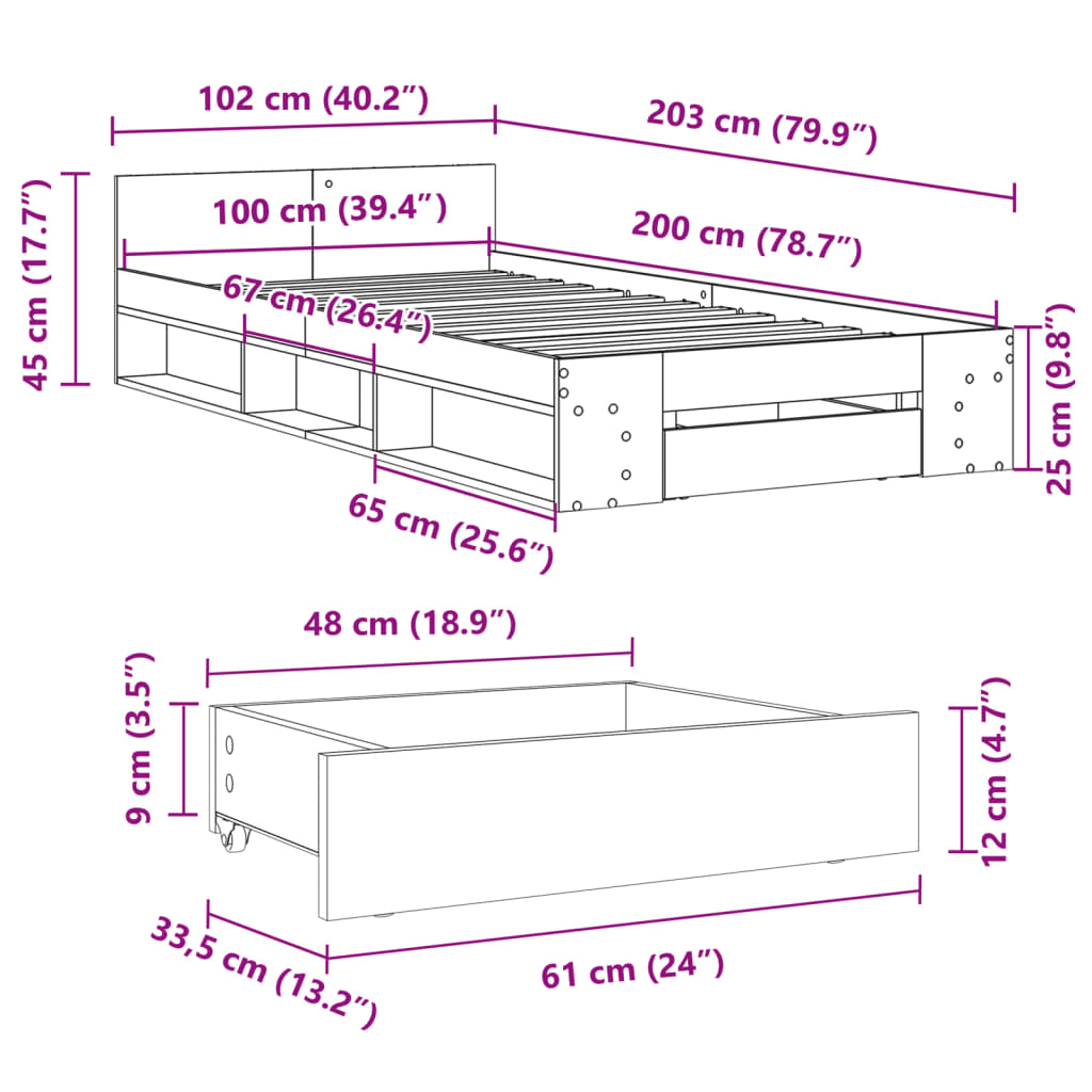 vidaXL Рамка за легло с чекмедже, сив сонома, 100x200 см