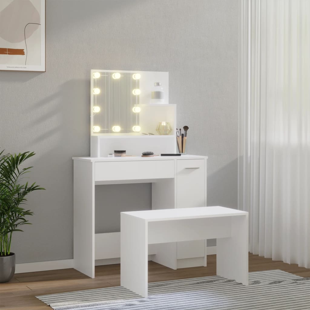 vidaXL Комплект тоалетка с LED, бяла, инженерно дърво
