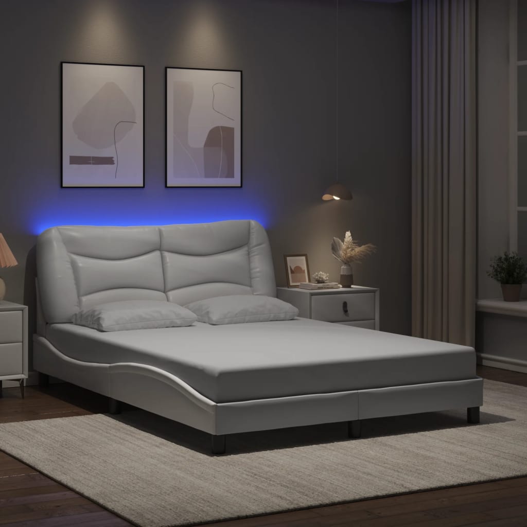 vidaXL Рамка за легло с LED осветление бяла 140x190 см изкуствена кожа