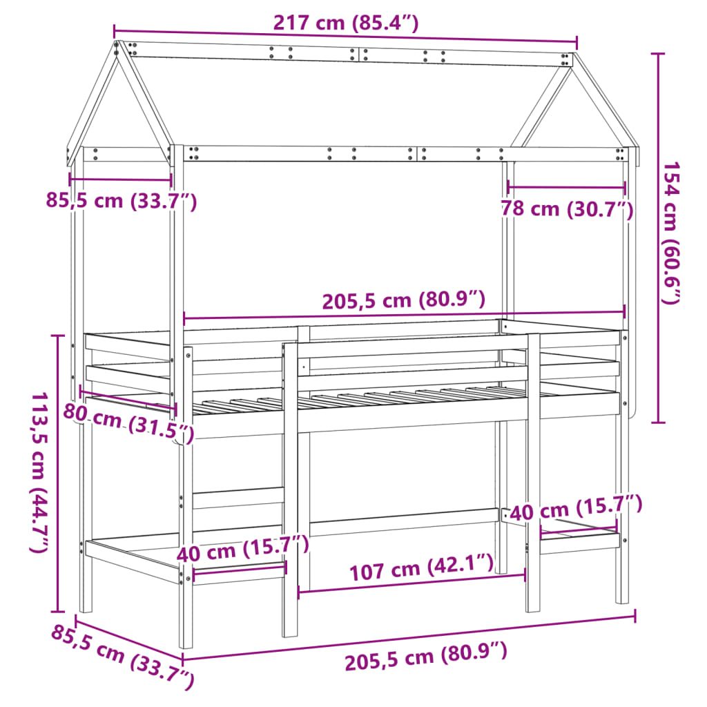 vidaXL Таванско легло със стълба и покрив, 80x200 см, бор масив