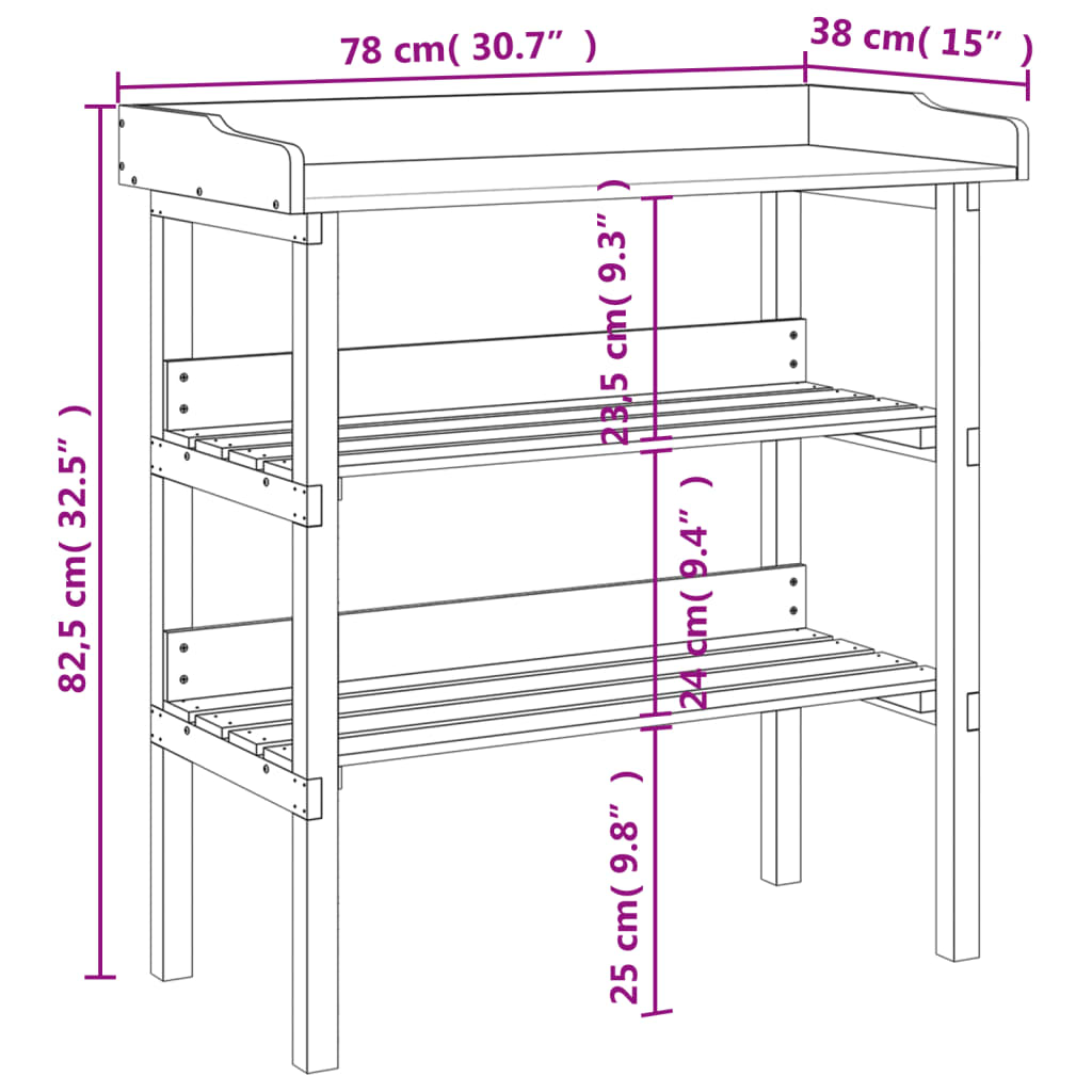 vidaXL Маса за разсаждане с рафтове сива 78x38x82,5 см масивна ела