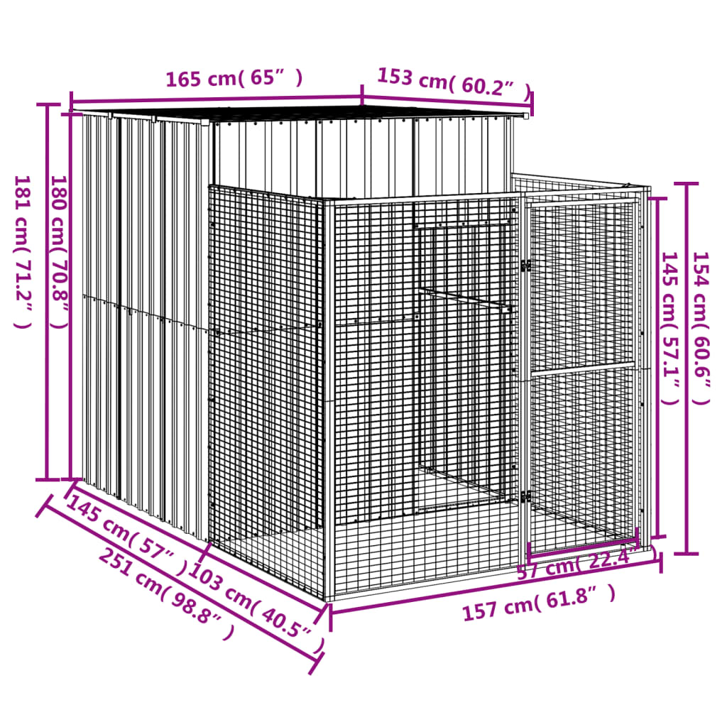 vidaXL Кучешка къща със заграждение 165x251x181 см поцинкована стомана